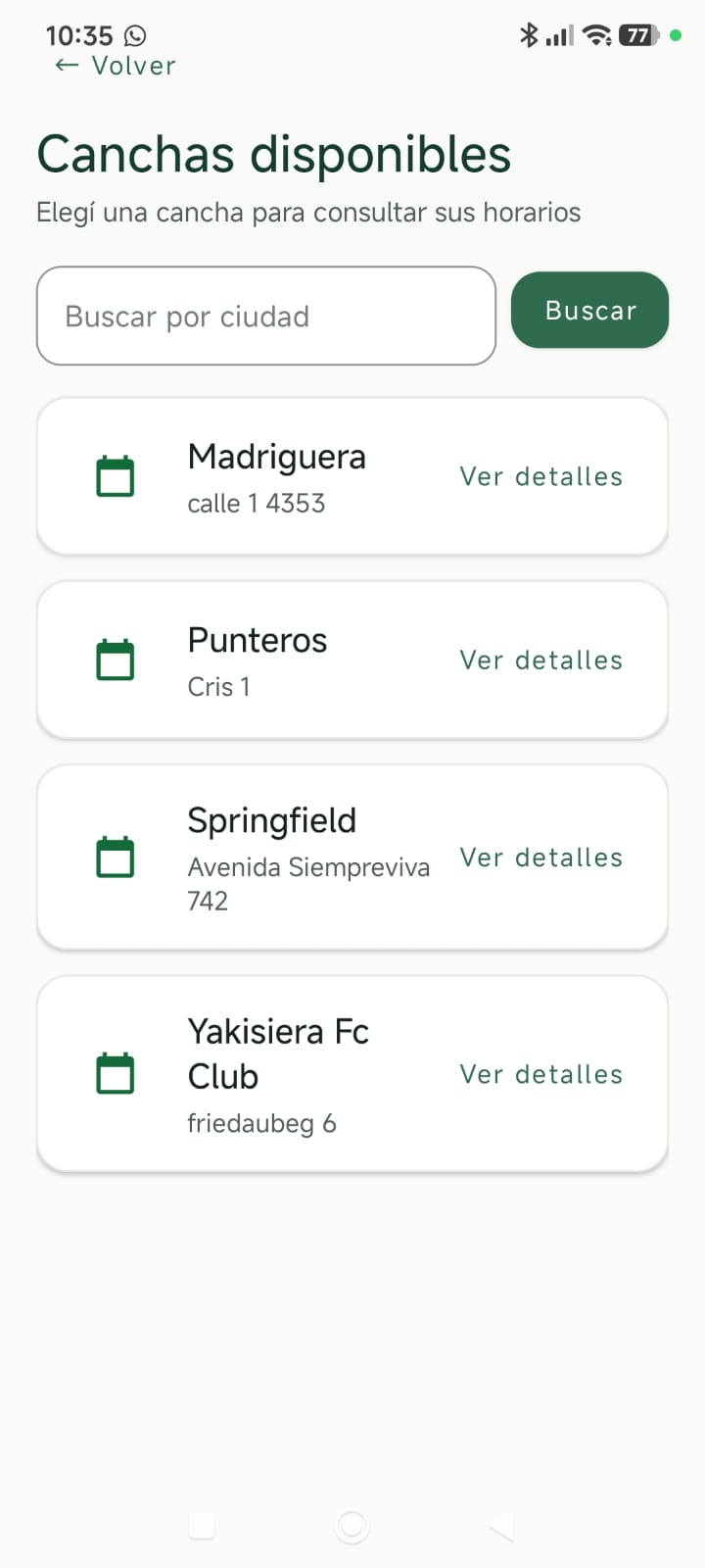 Pantalla de Falta Uno con búsqueda de canchas por ciudad y acceso a sus horarios